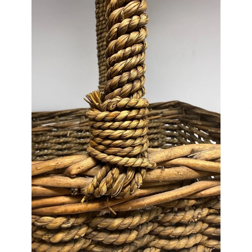 Vintage Rustic Woven Wicker Basket with Twisted Handle Farmhouse Decor Brown